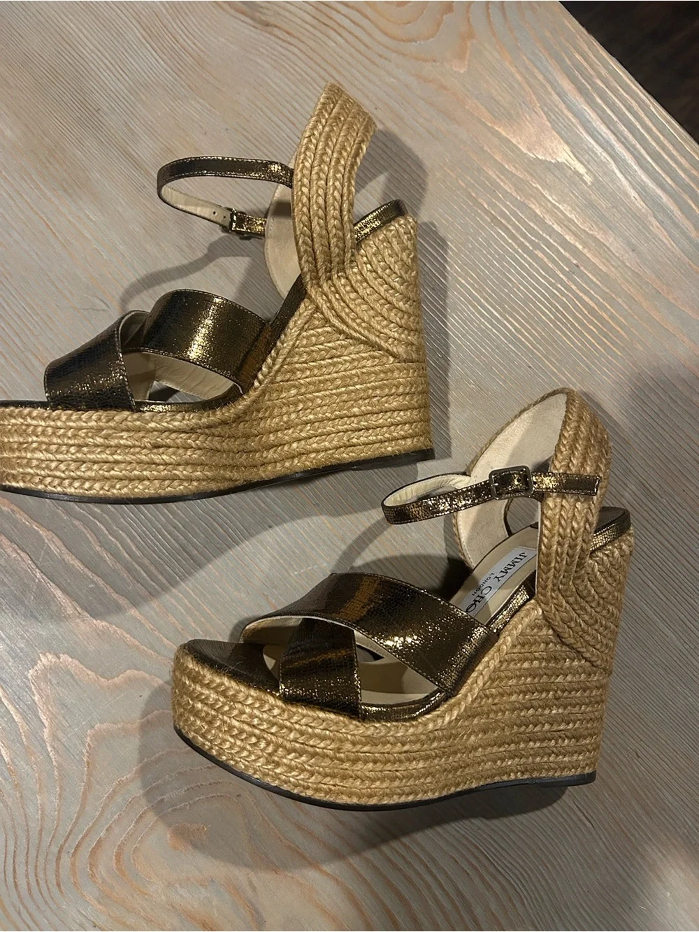 Jimmy Choo Gold Metallic Espadrille Platform Sandals